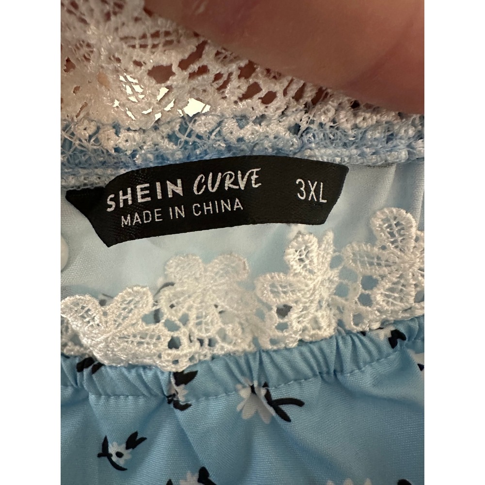 Shein Curve 3XL Blue Floral Lace Trim Mini Dress Long Sleeve Cottagecore Boho - Picture 5 of 15